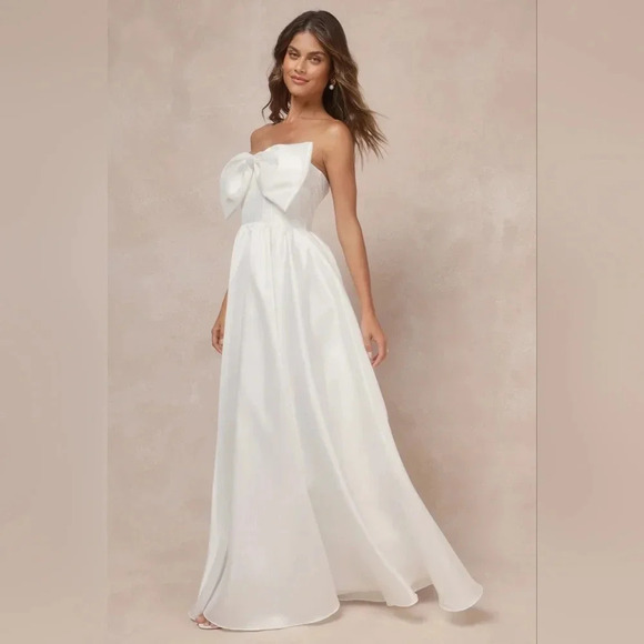 Lulu's Refined Extravagance White Taffeta Bow Maxi Dress With Pockets M Wedding - Picture 3 of 11